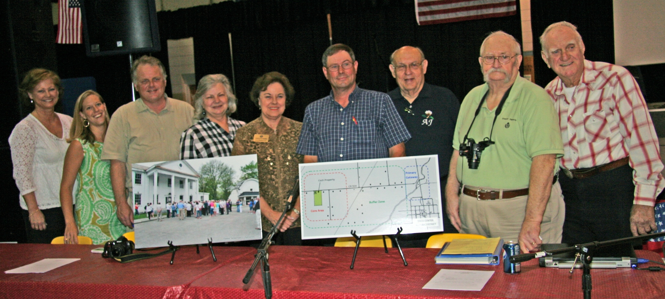Key participants in town meeting to present Dyess Master Plan included Paula Miles, Arkansas State University; Beth Wiedower, National Trust for Historic Preservation; State Sen. Steve Bryles;  Dr. Ruth Hawkins, Arkansas State University; State Rep. Charolette Wagner; Dyess Mayor Larry Sims; A. J. Henson; Everett Henson; and J. E. Huff
