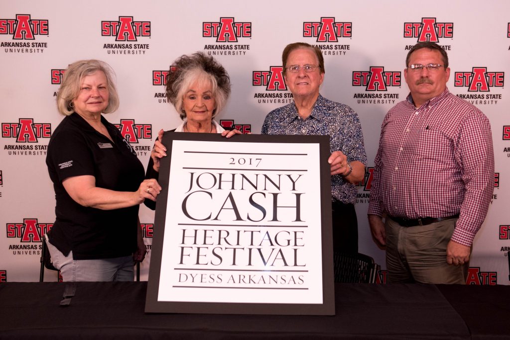 (From left) Dr. Ruth Hawkins, director of Arkansas State University Heritage Sites program; Joanne Cash Yates, Johnny Cash's sister; Tommy Cash, Johnny Cash's brother and Dyess mayor Ken Gilmore.